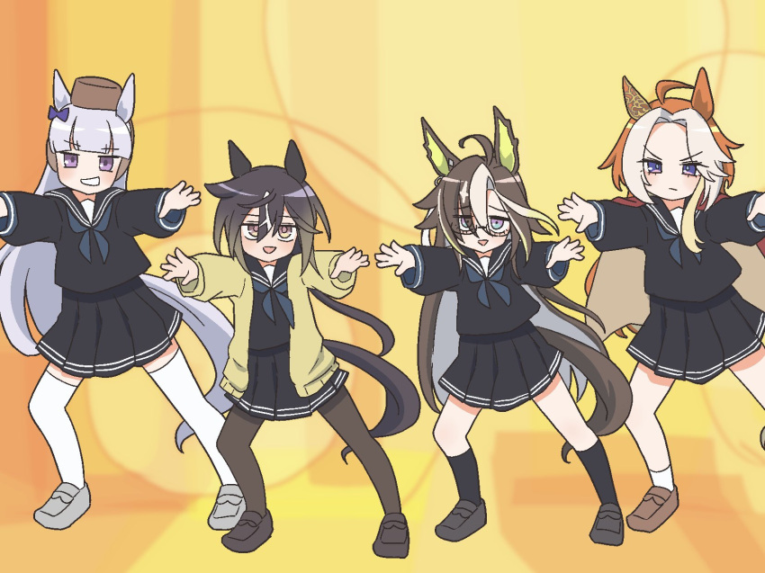 4girls, :d, animal_ears, black_pantyhose, black_sailor_collar, black_serafuku, black_shirt, black_shoes, black_skirt, black_socks, blonde_streaks, blue_eyes, blue_neckerchief, brown_shoes, cape, cardigan, closed_mouth, colored_bangs, colored_inner_hair, commentary_request, curtained_hair, dream_journey_(umamusume), echieichi, glasses, gold_ship_(umamusume), grey_hair, grey_shoes, grin, highres, horse_ears, horse_girl, horse_tail, jitome, loafers, long_hair, looking_at_viewer, lucky_star, miniskirt, motteke!_serafuku, multicolored_hair, multiple_girls, neckerchief, open_cardigan, open_clothes, open_mouth, orange_hair, orfevre_(umamusume), outstretched_arms, pantyhose, parody, parted_bangs, pleated_skirt, red_cape, sailor_collar, school_uniform, semi-rimless_eyewear, serafuku, shirt, shoes, skirt, smile, socks, stay_gold_(umamusume), stay_gold_clan_(umamusume), tail, thigh-highs, umamusume, under-rim_eyewear, v-shaped_eyebrows, violet_eyes, white_streaks, white_thighhighs, yellow_background, yellow_cardigan, yellow_eyes, zettai_ryouiki