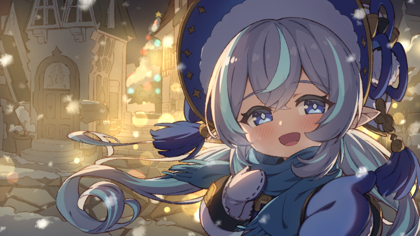 1girl, :d, blue_bonnet, blue_eyes, blue_hair, blue_scarf, blush, bonnet