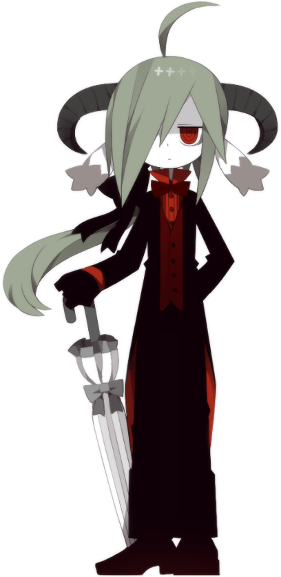1boy, ahoge, black_gloves, black_horns, black_jacket, bow, bowtie, closed_umbrella