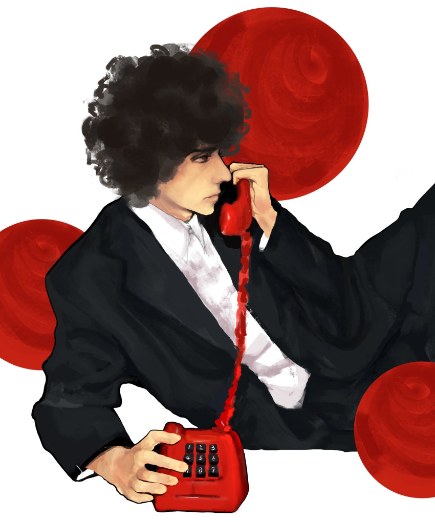 1boy, antique_phone, aquiline_nose, black_jacket, bob_dylan, brown_eyes, brown_hair, collared_shirt, curly_hair, dotted_background, dress_shirt, expressionless, formal_clothes, highres, jacket, lying, lynnnnnnnnd, male_focus, nose, on_side, phone, pink_lips, profile, real_life, rotary_phone, shirt, short_hair, simple_background, solo, suit_jacket, thick_eyebrows, white_shirt
