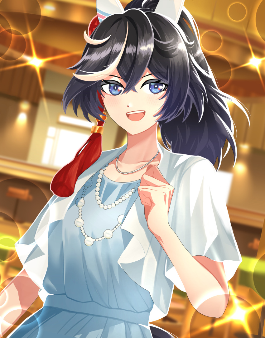 1girl, absurdres, animal_ears, bbreaad, black_hair, blue_dress, blue_eyes, blush