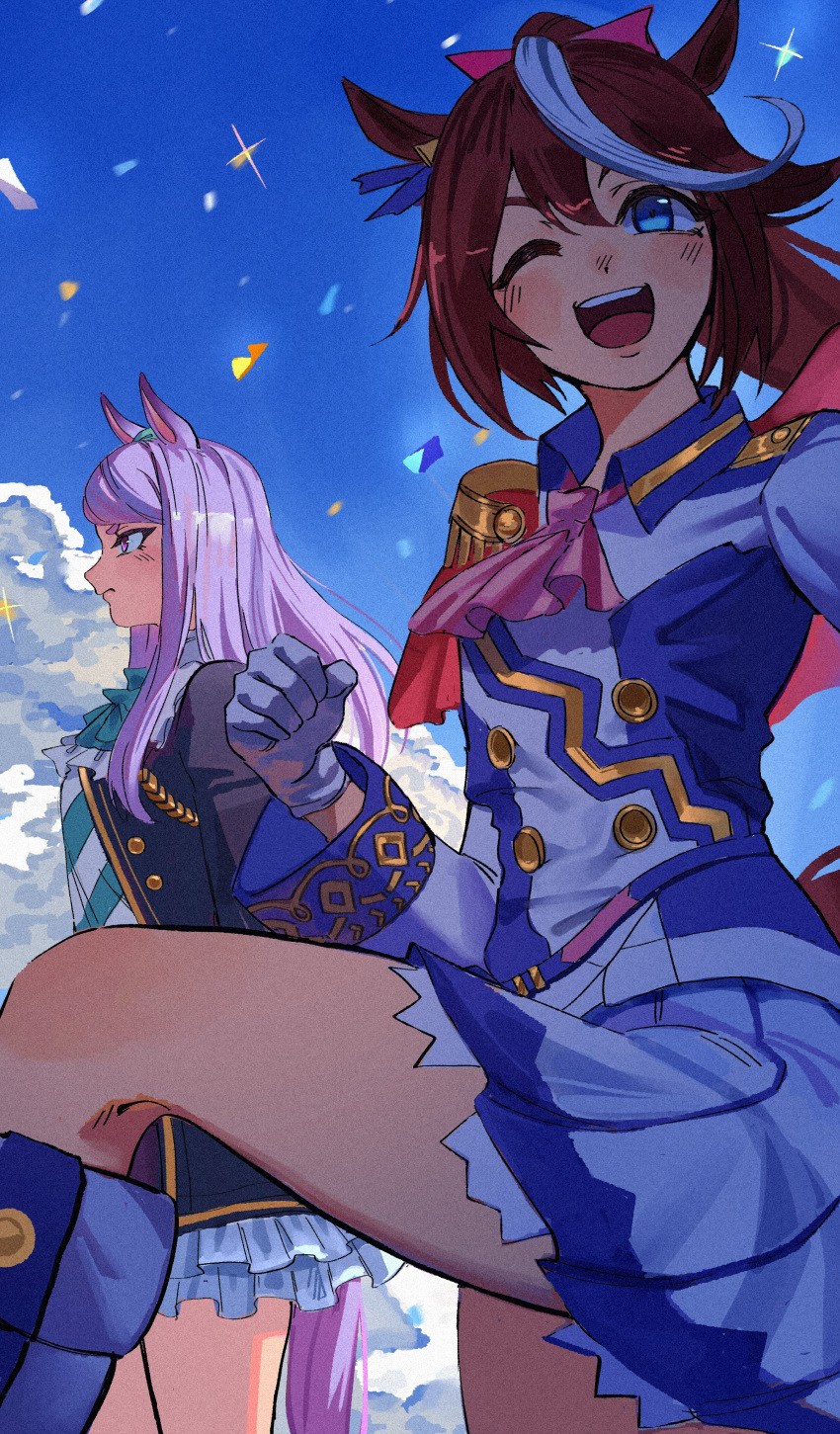 2girls, absurdres, animal_ears, aqua_bow, aqua_bowtie, aqua_ribbon, ascot, black_jacket