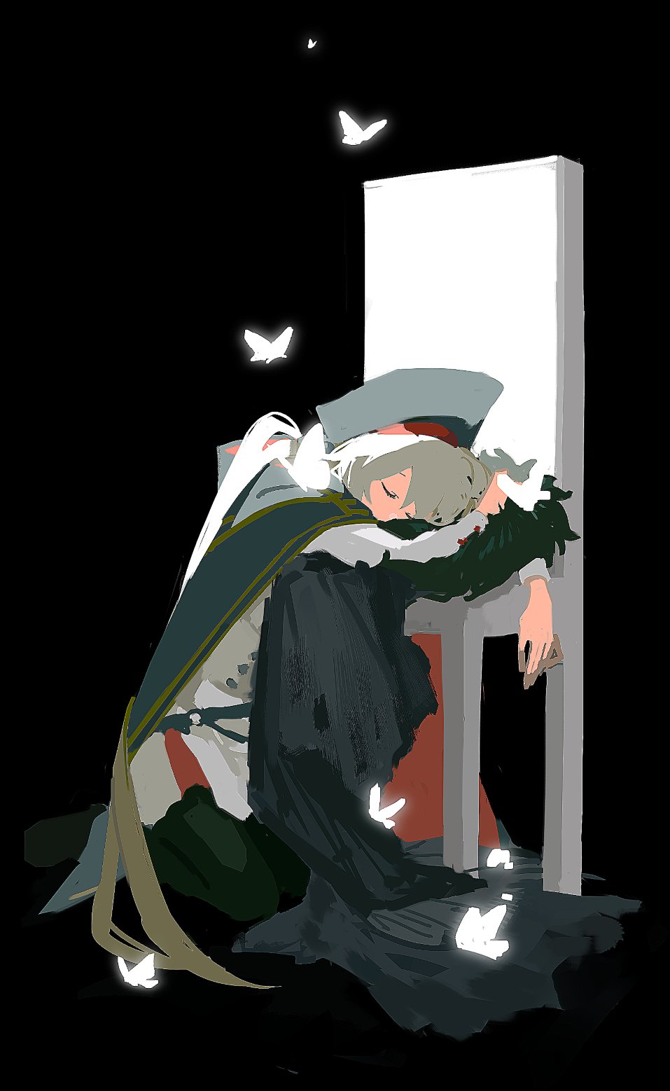 1girl, aesc_(fate), bug, butterfly, chair, closed_eyes, denoia, fate/grand_order, fate_(series), hair_between_eyes, hat, highres, long_hair, long_sleeves, morgan_le_fay_(fate), ponytail, simple_background, sleeping, solo, very_long_hair, white_hair