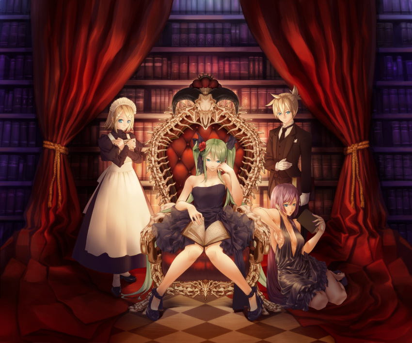 apron, aqua_eyes, aqua_hair, barefoot, blonde_hair, book, cover, curtains, dress, flower, gloves, hair_flower, hair_ornament, hair_ribbon, hairclip, hatsune_miku, horns, kagamine_len, kagamine_rin, library, long_hair, maid, maid_headdress, megurine_luka, mishima_yoshikatsu, necktie, pink_hair, ribbon, shoes, sitting, skull, throne, twintails, very_long_hair, vocaloid