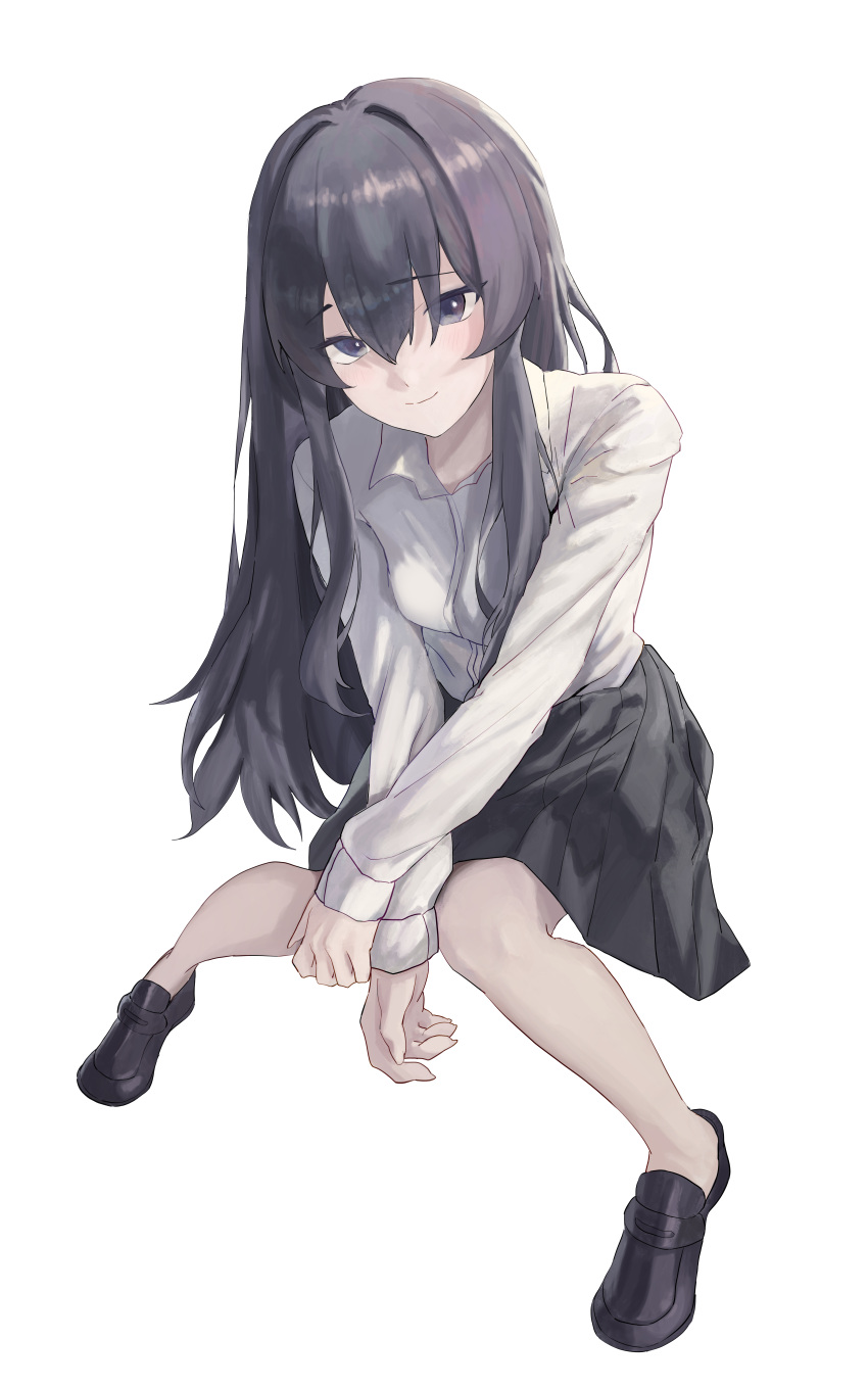 1girl, absurdres, alternate_costume, alternate_hairstyle, black_eyes, black_hair, black_shoes, black_skirt