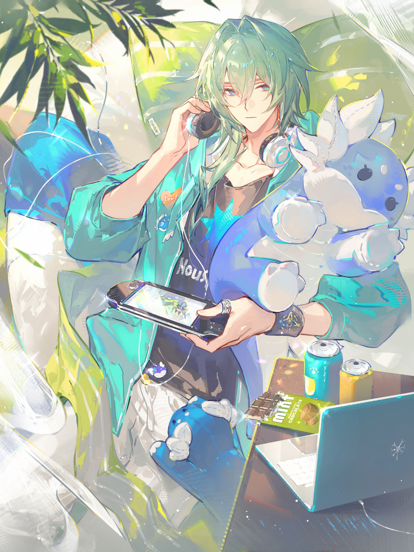 1boy, absurdres, anaxa_(alternate_spacetime)_(honkai:_star_rail), anaxa_(honkai:_star_rail), aqua_hair, aqua_jacket, black_shirt, blue_eyes, can, chocolate, commentary_request, computer, crystal_earrings, drink_can, dromas_(honkai:_star_rail), earphones, earrings, guest_art, hair_intakes, hair_over_shoulder, handheld_game_console, highres, holding, holding_earphones, holding_handheld_game_console, holding_stuffed_toy, honkai:_star_rail, honkai_(series), jacket, jewelry, laptop, looking_at_viewer, low_ponytail, male_focus, official_alternate_costume, official_art, pants, ponytail, red_pupils, renjian_shilian, shirt, solo, stuffed_toy, white_pants