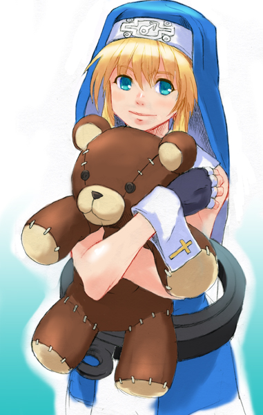 1boy, bare_arms, bare_shoulders, black_gloves, blonde_hair, blue_veil, blue_vest, bridget_(guilty_gear)