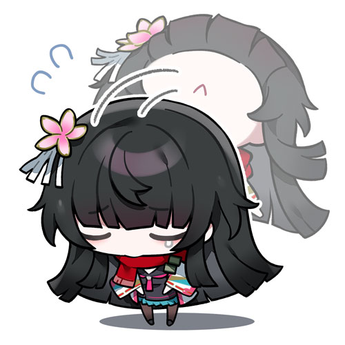 1girl, artist_request, black_hair, bowing, chibi, chibi_only, closed_eyes, full_body