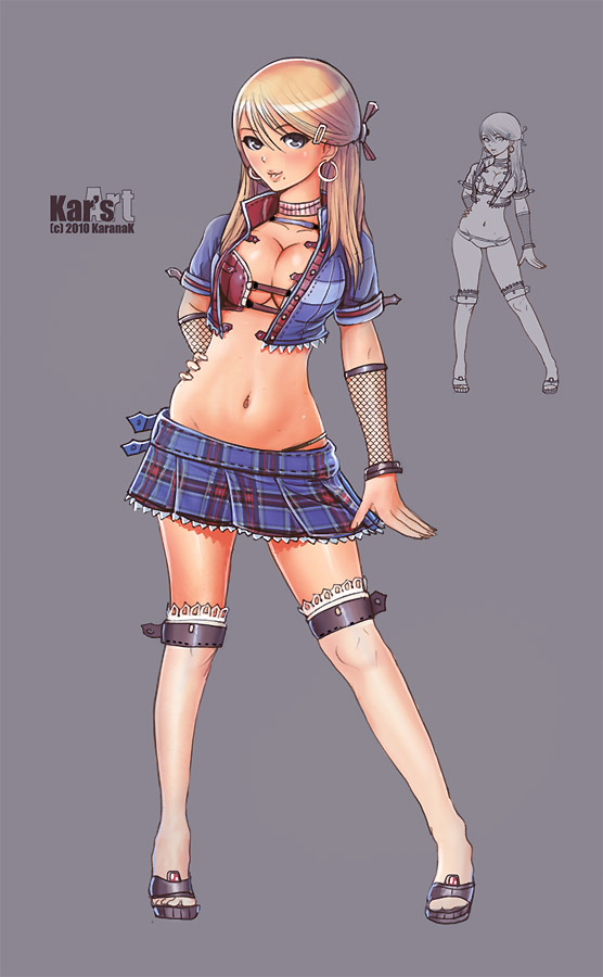 1girl, black_eyes, blonde_hair, blush, breasts, cleavage, earrings, fishnets