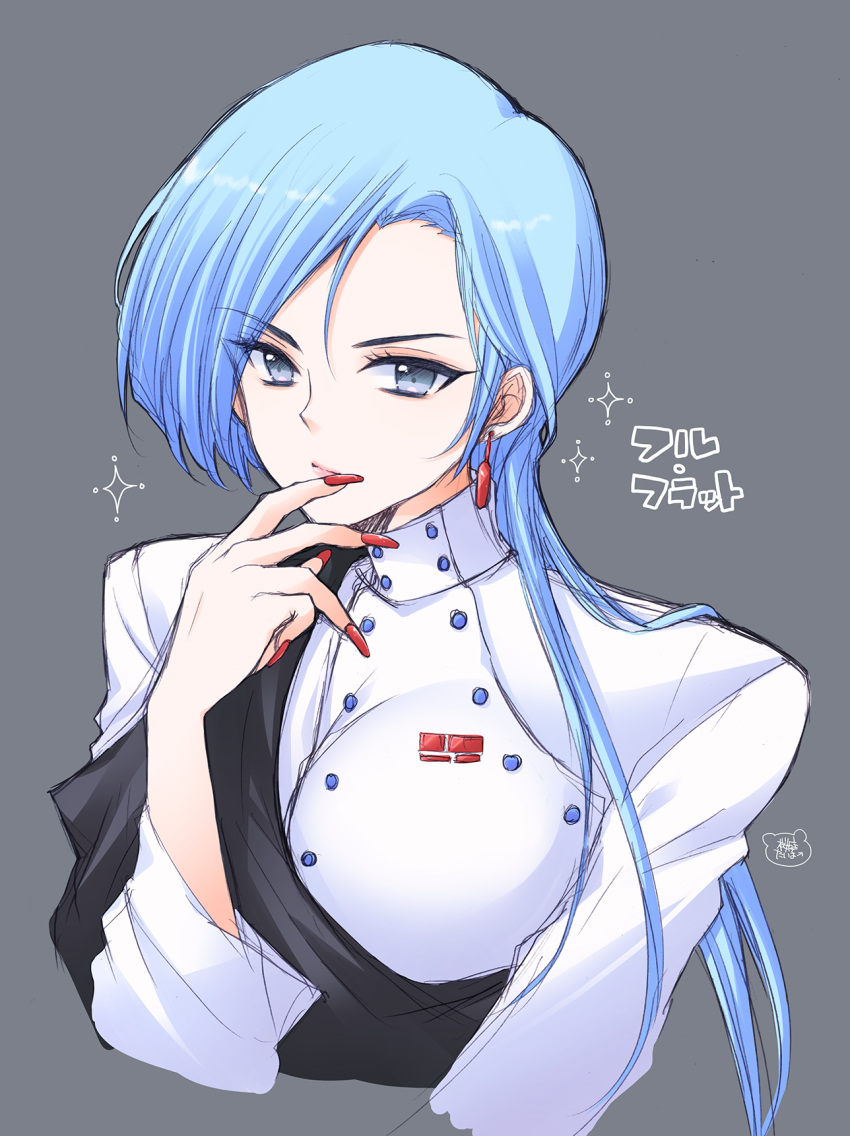 1girl, blue_hair, breasts, character_request, commentary_request, cropped_torso, earrings, fingernails