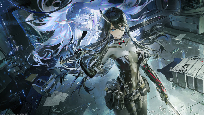 1girl, absurdres, artist_request, black_hair, blue_eyes, bodysuit, girls'_frontline_2:_exilium, girls_frontline