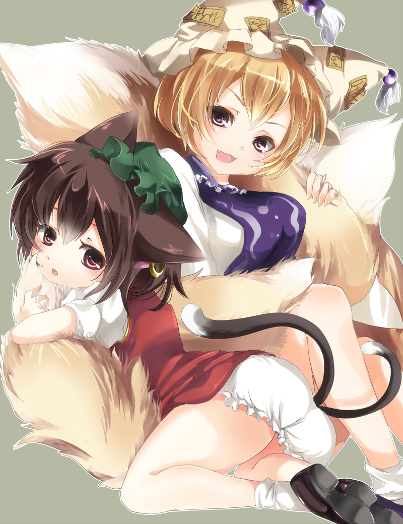 animal_ears, bad_id, blonde_hair, bloomers, brown_eyes, brown_hair, cat_ears, cat_tail