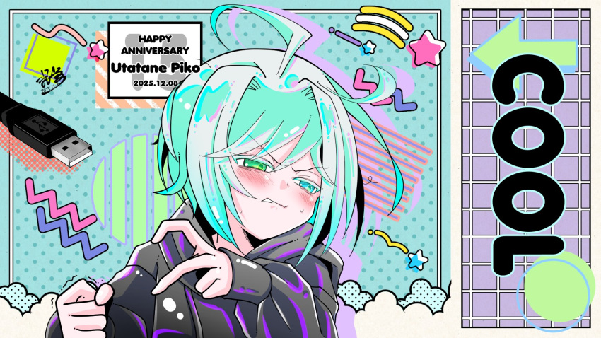1boy, ahoge, anniversary, arrow_(symbol), black_hoodie, blue_eyes, blush, character_name