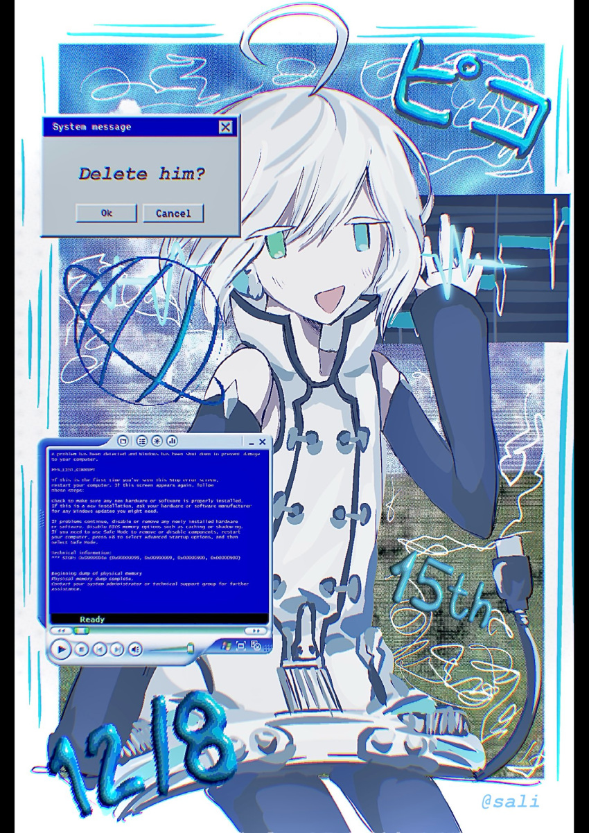 1boy, :d, ahoge, aqua_eyes, black_pantyhose, black_sleeves, blue_eyes, blue_screen_of_death