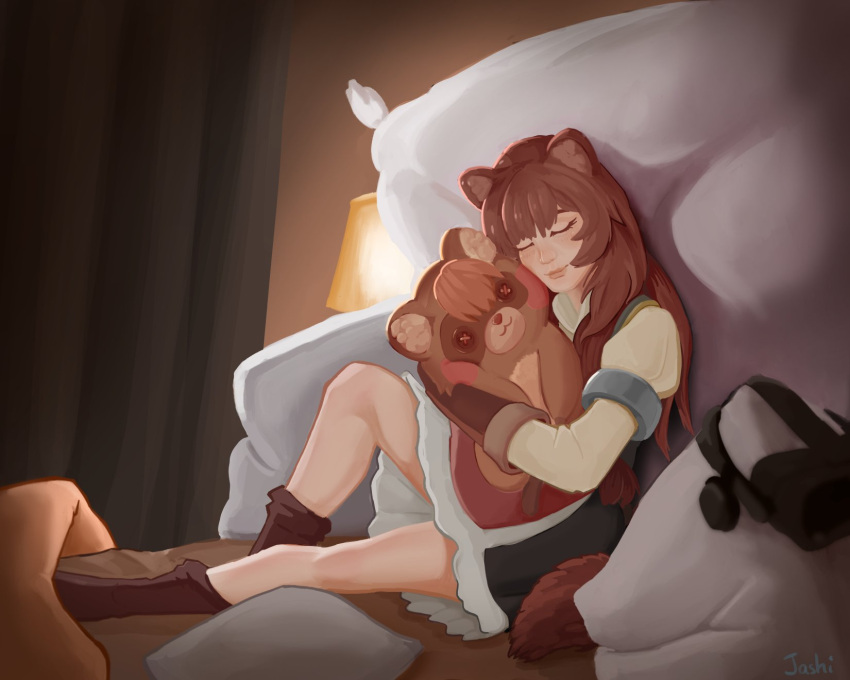 1girl, animal_ear_fluff, animal_ears, artist_name, black_dress, brown_gloves, brown_hair, brown_socks, character_doll, closed_mouth, collared_dress, commentary, doll, dress, elbow_gloves, english_commentary, eyebrows_hidden_by_hair, eyelashes, gloves, hair_between_eyes, head-mounted_display, high_collar, highres, indoors, jashooter, knee_up, kneehighs, lamp, lips, long_hair, long_sleeves, metal_arm_cuffs, on_bed, pillow, raccoon_ears, raccoon_girl, raccoon_tail, raph-chan, raphtalia, red_dress, short_dress, signature, sitting, sleeping, sleeveless, sleeveless_dress, smile, socks, socks_rolled_down, solo, straight_hair, stuffed_animal, stuffed_toy, tail, tanuki, tate_no_yuusha_no_nariagari, two-tone_dress, watermark, white_dress