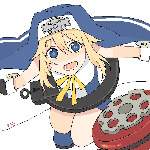 1boy, :d, ankle_boots, bare_arms, blonde_hair, blue_boots, blue_eyes, blue_veil, blue_vest, boots, bridget_(guilty_gear), cross, cross_print, dynamic_pose, floating_clothes, guilty_gear, guilty_gear_xx, guimpe, incoming_attack, jaggy_lines, legs_together, long_sidelocks, looking_at_viewer, lower_teeth_only, lowres, male_focus, mars_symbol, milk12kg, neck_ribbon, nun, object_belt, oekaki, open_mouth, outstretched_arms, oversized_object, print_wrist_cuffs, raised_eyebrows, ribbon, shirt, sidelocks, signature, simple_background, sleeveless, sleeveless_shirt, smile, solo, squatting, string, teeth, throwing_yo-yo, trap, veil, vest, white_background, white_shirt, white_trim, white_wrist_cuffs, wrist_cuffs, yellow_ribbon, yo-yo