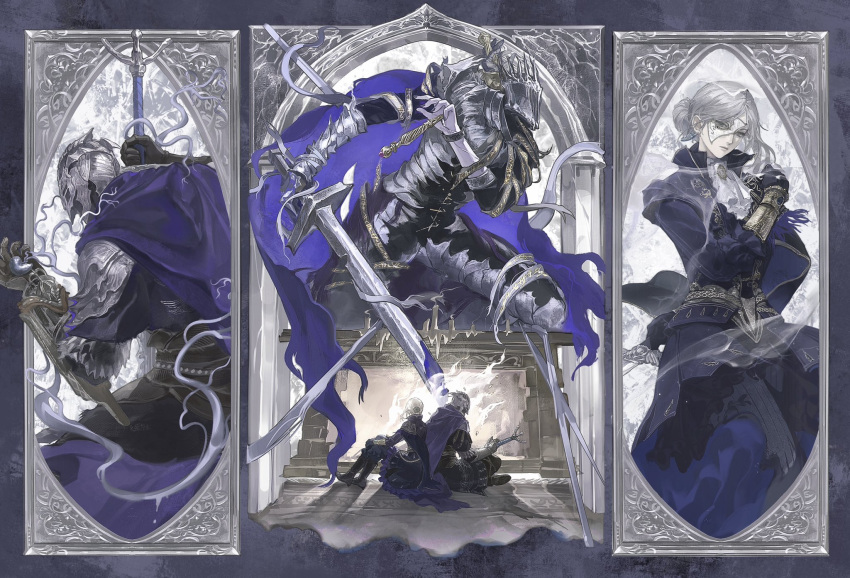 1girl, 2boys, armor, blue_surcoat, border, cape, colored_skin, duchess_(elden_ring), elden_ring, elden_ring_nightreign, extra_arms, eye_mask, fireplace, full_armor, gloves, glowing, glowing_sword, glowing_weapon, great_rune_(elden_ring), greatsword, grey_skin, hair_bun, half_eye_mask, helmet, heolstor_the_nightlord, highres, holding, holding_pocket_watch, holding_sword, holding_weapon, limited_palette, mask, multiple_boys, multiple_views, official_alternate_costume, ornate_border, ornate_clothes, pale_skin, pocket_watch, purple_cape, ramiica404, scale_armor, sitting, spiked_helmet, sword, triple_wielding, triptych_(art), watch, weapon, winged_helmet, wylder_(elden_ring)
