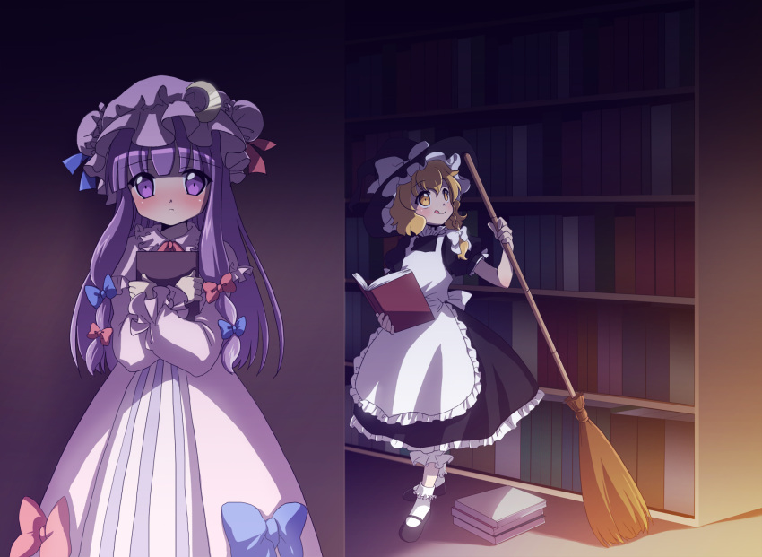:q, anime_coloring, apron, blonde_hair, blush, bobby_socks, book, book_hug, bookshelf, braid, broom, choco_(pixiv29111), crescent, dress, hat, hiding, highres, kirisame_marisa, long_hair, multiple_girls, pajamas, patchouli_knowledge, purple_eyes, purple_hair, short_hair, socks, tongue, touhou, violet_eyes, yellow_eyes