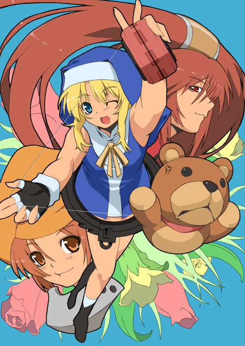 :d, anger_vein, arm_up, bandana, bandana_around_neck, black_gloves, blonde_hair, blue_background, blue_eyes, blue_veil, blue_vest, bridget_(guilty_gear), brown_eyes, brown_hair, character_request, closed_mouth, fingerless_gloves, floral_background, flower_request, from_above, full_body, gloves, guilty_gear, guilty_gear_xx, guimpe, hair_between_eyes, hat, holding, holding_toy, kageaki, konsan_(shinonome_root3), light_smile, long_sidelocks, looking_at_viewer, male_focus, may_(guilty_gear), neck_ribbon, nun, one_eye_closed, open_mouth, orange_hat, outstretched_arm, profile, red_bandana, red_eyes, ribbon, roger_(guilty_gear), shirt, sidelocks, sleeveless, sleeveless_shirt, smile, socks, string, stuffed_animal, stuffed_toy, teddy_bear, toy, trap, veil, vest, walking, white_shirt, white_socks, yellow_ribbon, yo-yo