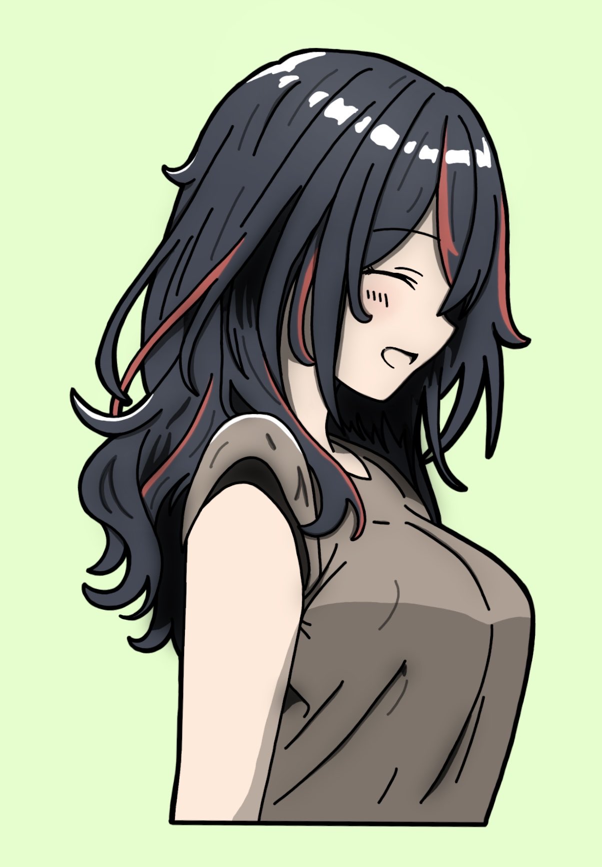 1girl, alternate_costume, alternate_hairstyle, black_hair, blush, breasts, closed_eyes, cropped_torso