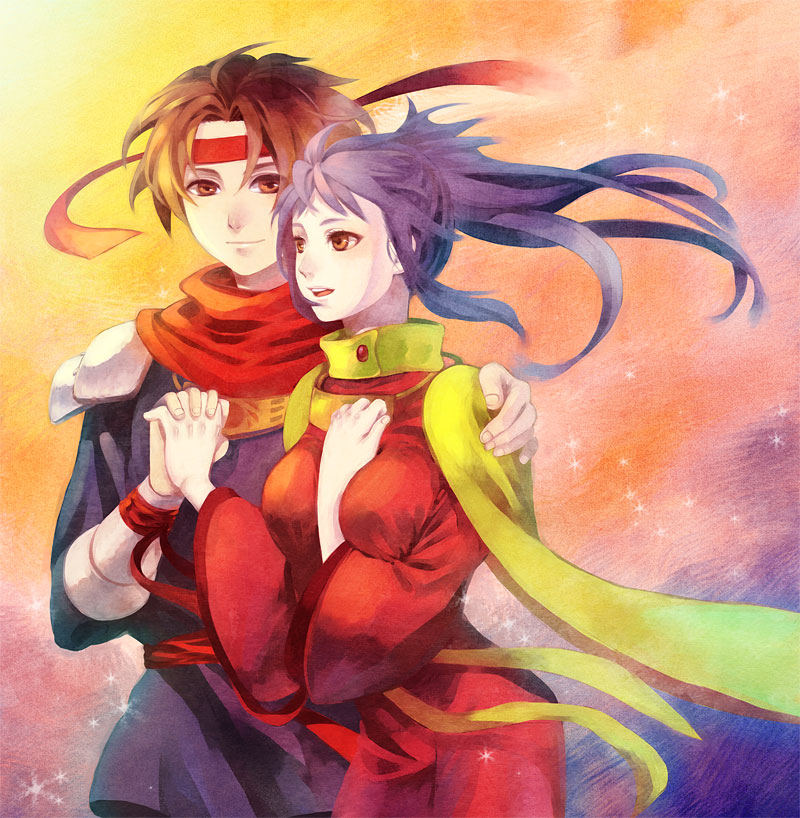 1girl, arc, arc_the_lad, breasts, brown_eyes, brown_hair, cape, couple, hand_holding, hand_on_shoulder, headband, holding_hands, kukuru, kuniomi, long_hair, pauldron, pauldrons, payot, ponytail, purple_hair, ribbon, scarf, smile