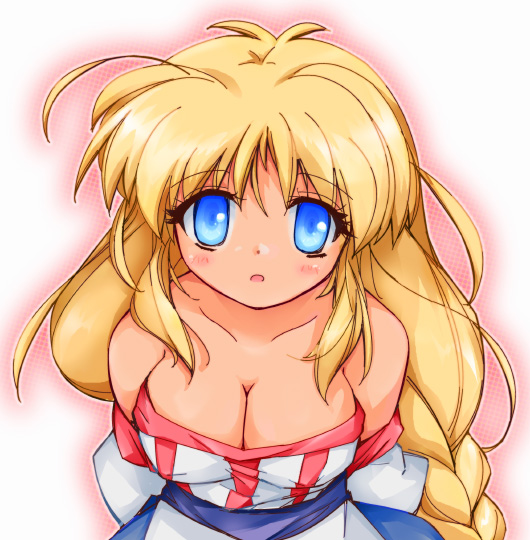 :o, arc_the_lad, arc_the_lad_ii, bare_shoulders, blonde_hair, blue_eyes, braid, breasts