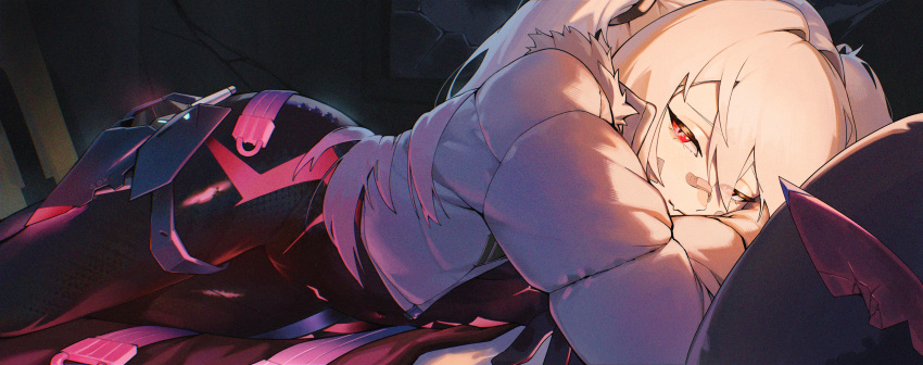 1girl, absurdres, armored_bodysuit, bandaid, bandaid_on_face, bandaid_on_nose, black_bodysuit, blonde_hair, bodysuit, broken_window, closed_mouth, cropped_legs, fang, fur-trimmed_jacket, fur_trim, goddess_of_victory:_nikke, hair_intakes, head_on_arm, highres, jacket, kimkichun, laplace_(nikke), long_hair, looking_at_viewer, lying, padded_jacket, red-tinted_eyewear, red_eyes, skin_fang, smile, solo, tinted_eyewear, triangular_eyewear, twintails, unworn_eyewear, white_jacket