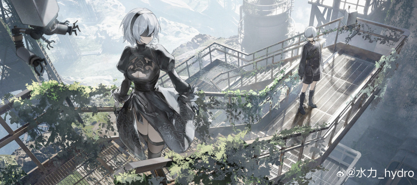 1boy, 1girl, 2b_(nier:automata), 9s_(nier:automata), absurdres, black_dress, black_gloves, black_jacket