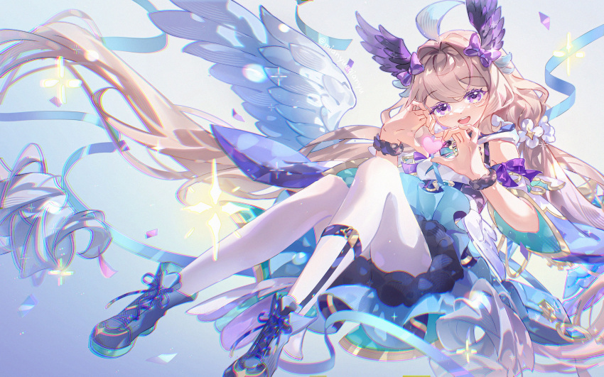 1girl, :d, absurdly_long_hair, absurdres, ahoge, bag, bird_tail, blonde_hair