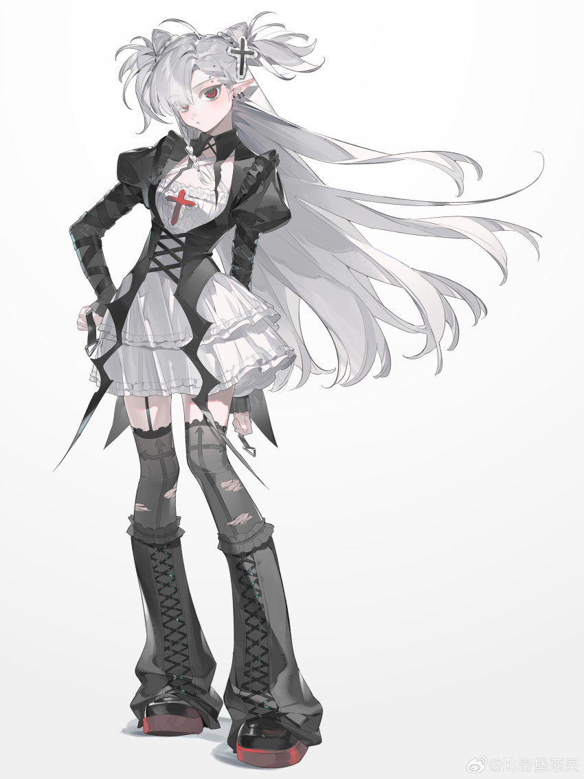 1girl, absurdres, black_dress, black_leggings, contrapposto, criss-cross_straps, cross, dress