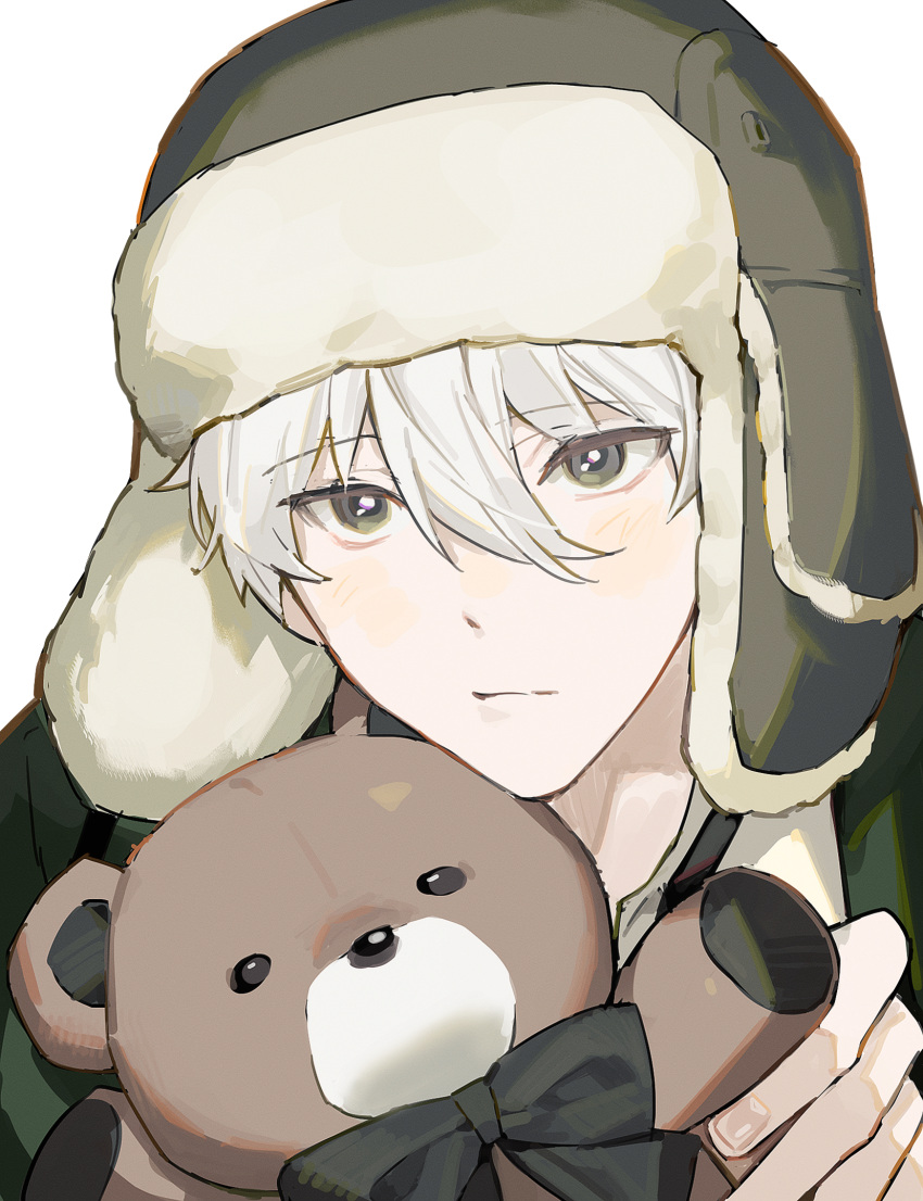 1boy, :/, ballro, black_bow, black_hat, black_shirt, blue_lock, bow, closed_mouth, commentary, english_commentary, grey_eyes, hair_between_eyes, hat, highres, holding, male_focus, nagi_seishirou, shirt, simple_background, solo, stuffed_animal, stuffed_toy, teddy_bear, upper_body, ushanka, white_background, white_hair