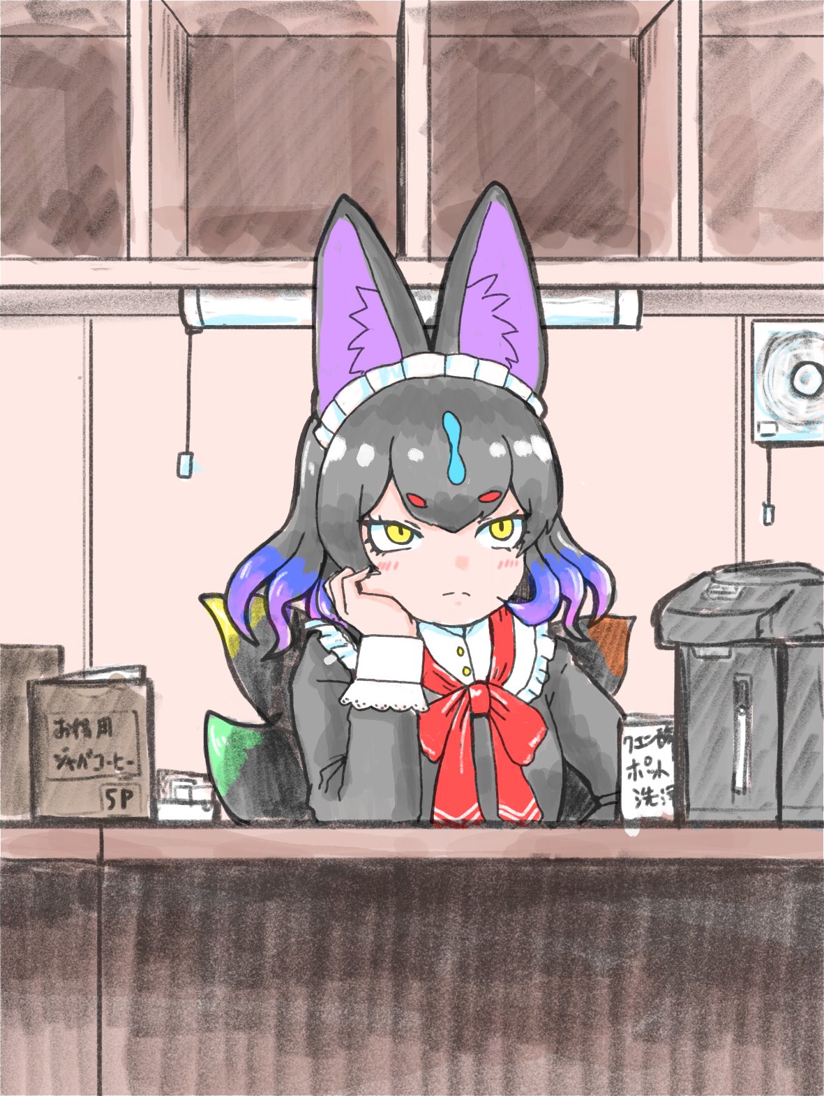 1girl, alternate_costume, animal_ears, black_dress, black_hair, blue_hair, blush, bow, bowtie, collar, dress, enmaided, fox_ears, fox_girl, fox_tail, frilled_collar, frilled_cuffs, frills, gradient_hair, hair_between_eyes, head_on_hand, highres, kemono_friends, kemono_friends_3, kyubikori_(kemono_friends), long_sleeves, maid, maid_headdress, mujinamori_tamakichi, multicolored_hair, multiple_tails, purple_hair, red_bow, red_bowtie, short_hair, sidelocks, sitting, solo, tail, translation_request, yellow_background