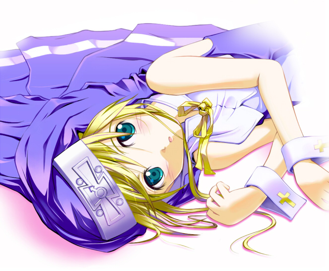 1boy, aqua_eyes, bare_arms, bare_shoulders, blonde_hair, blue_veil, blue_vest, blush