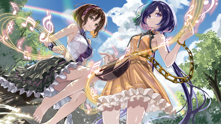 2girls, absurdres, adapted_costume, barefoot, biwa_lute, black_skirt, blue_sky, brown_eyes