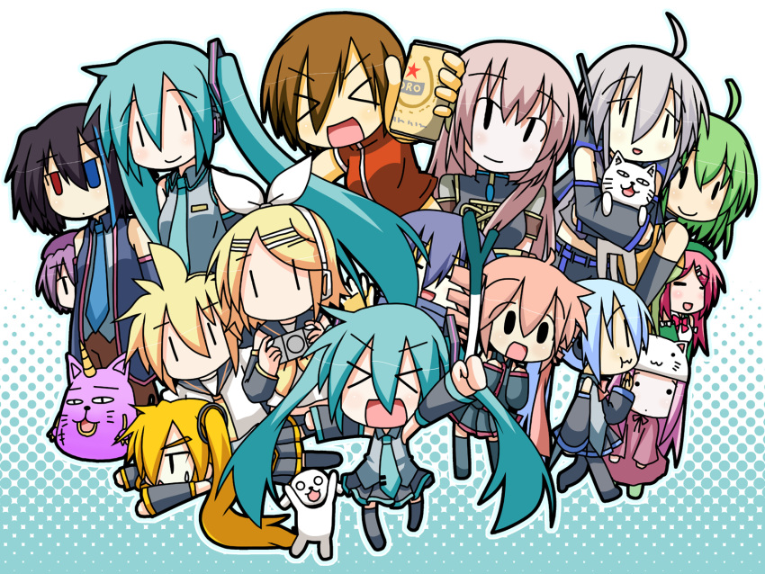 akita_neru, animal_hat, beer, cat_hat, chibi, chibi_miku, dog, everyone, fl-chan, fl_studio, hamo_(dog), hat, hatsune_miku, heterochromia, highres, kagamine_len, kagamine_rin, kaito, kasane_teto, kiyone_suzu, megurine_luka, megurine_luka_(toeto), meiko, minami_(colorful_palette), momone_momo, playstation_portable, psp, spring_onion, sweatdrop, the_thing_not_quite_sure_what_it_is, toeto_(vocaloid), utane_uta, utau, vocaloid, yokune_ruko, yowane_haku, yowaneko, |_|