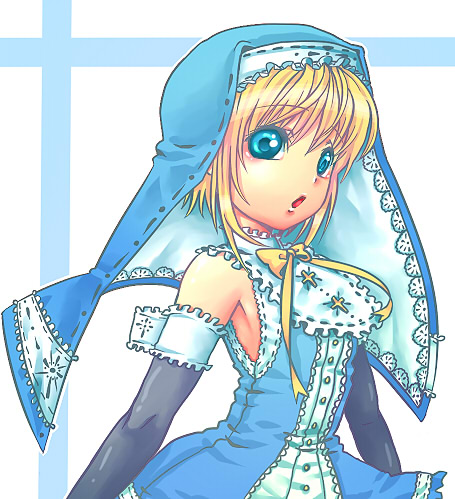 1boy, aqua_eyes, arms_at_sides, bare_shoulders, bib_collar, black_gloves, blonde_hair, blue_dress, blue_veil, bridget_(guilty_gear), buttons, center_frills, cross, cross_background, cross_print, dress, floating_clothes, frilled_gloves, frills, gloves, guilty_gear, guilty_gear_xx, hiyohiyo_(naga), lace-trimmed_veil, lace_trim, latin_cross, looking_at_viewer, lowres, male_focus, neck_ribbon, open_mouth, ribbon, short_hair, sidelocks, solo, trap, two-sided_veil, two-tone_dress, upper_body, veil, white_background, white_trim, yellow_ribbon