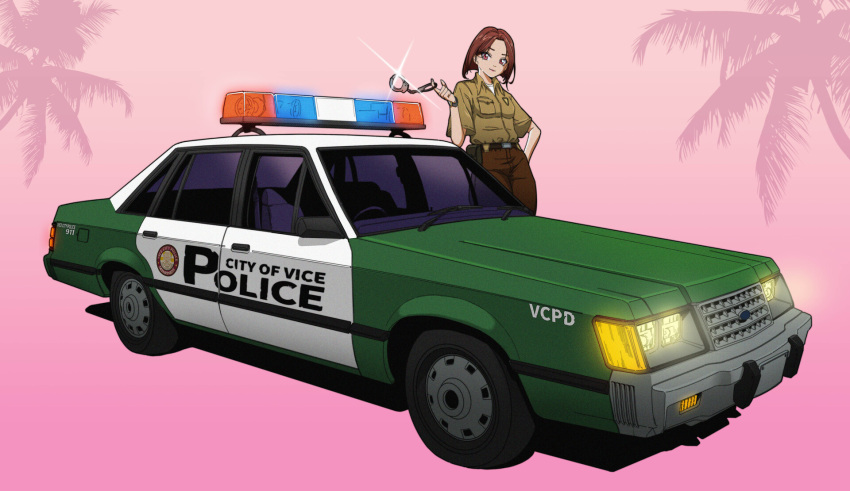 1girl, breast_pocket, brown_hair, brown_pants, brown_shirt, car, closed_mouth, collared_shirt