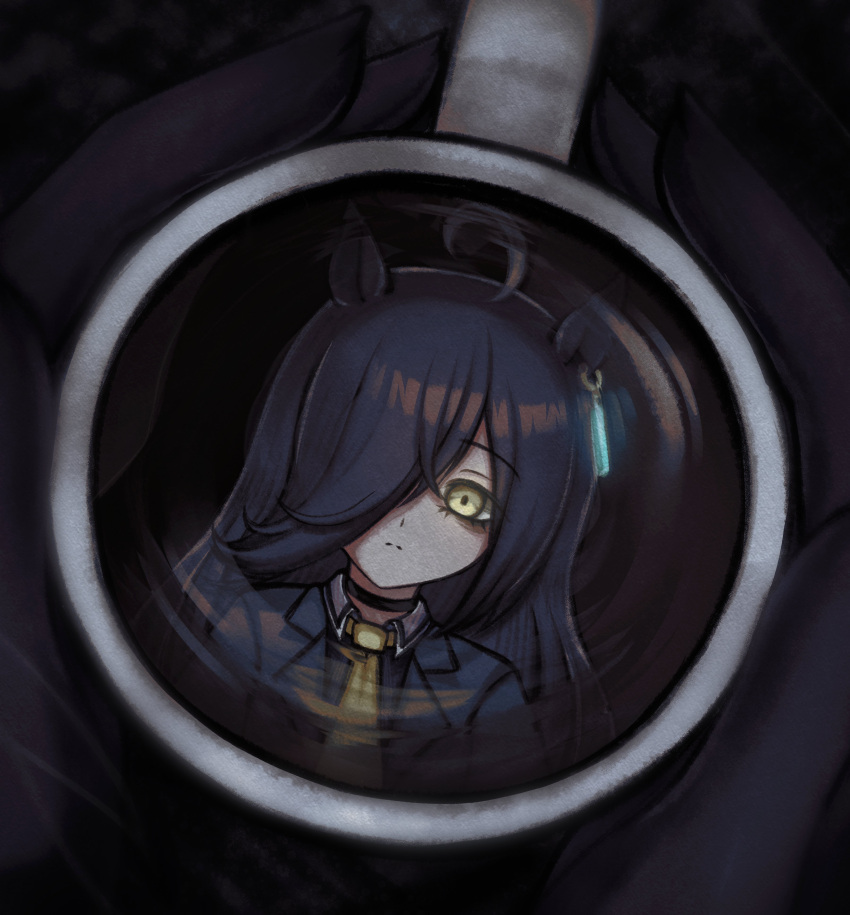 1girl, absurdres, ahoge, animal_ears, black_choker, black_coat, black_gloves, black_hair