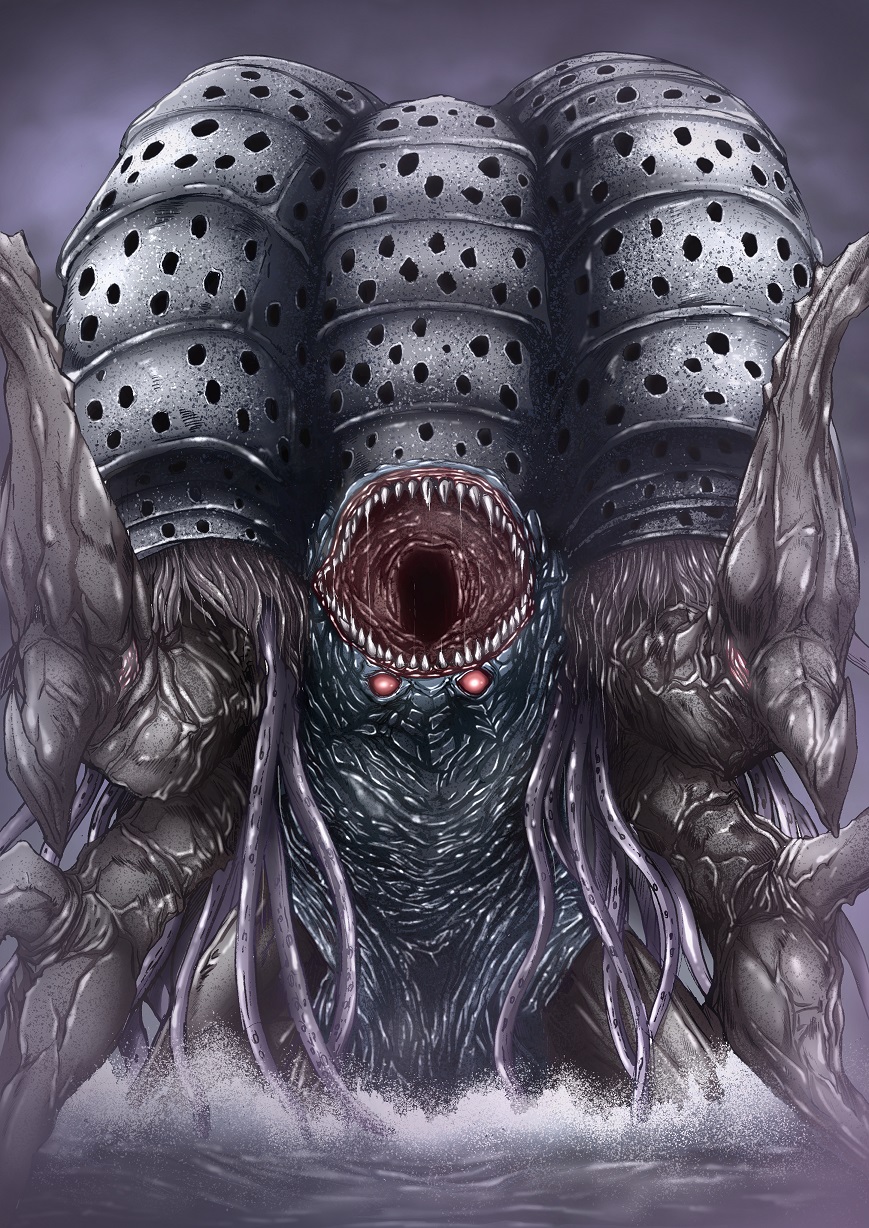 commentary_request, gatanothor, highres, kaiju, monster, no_humans, red_eyes, sharp_teeth, solo, teeth, tentacles, ultra_series, ultraman_tiga_(series), variant_set, wasugabakuhatu