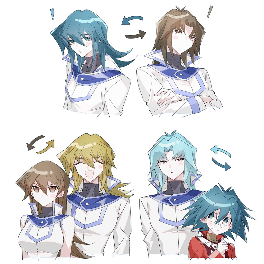 !, 1girl, 3boys, :o, arrow_(symbol), bare_shoulders, black_shirt, blonde_hair