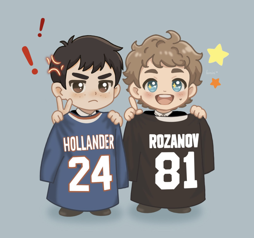 !, +_+, 2boys, animification, arms_up, black_hair, black_shirt, black_shoes, blue_eyes, blue_shirt, blush, brown_eyes, brown_hair, closed_mouth, collared_shirt, commentary, freckles, frown, grey_background, heated_rivalry, highres, hockey_sweater, holding, holding_shirt, holding_unworn_clothes, ilya_rozanov, index_finger_raised, jersey, jitome, looking_at_viewer, lwnini, male_focus, mole, mole_on_cheek, multiple_boys, open_mouth, shane_hollander, shirt, shoes, short_hair, side-by-side, simple_background, standing, star_(symbol), symbol-only_commentary, teeth, unworn_shirt, upper_teeth_only, v, white_shirt