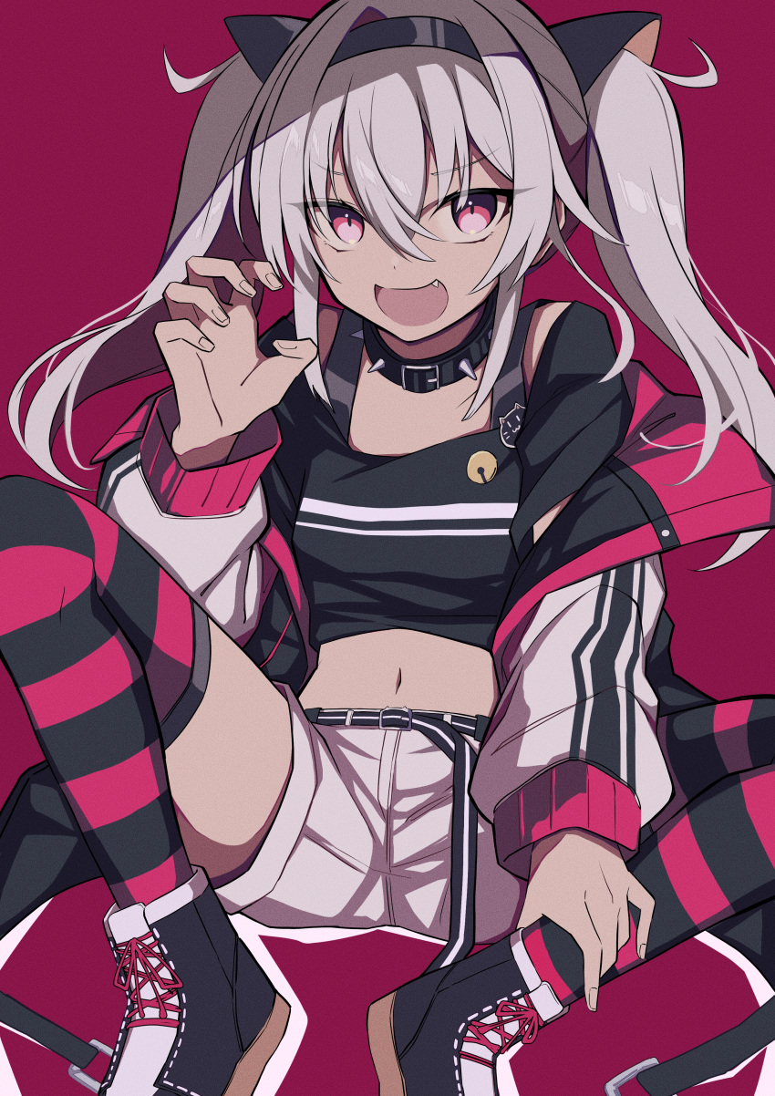 1girl, absurdres, animal_ears, black_collar, black_headband, black_jacket, black_shirt, black_thighhighs