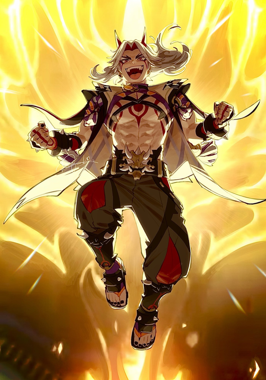 1boy, abs, arataki_itto, black_nails, body_markings, bodypaint, bracelet, colored_inner_hair, facepaint, fangs, floating_hair, from_below, full_body, genshin_impact, hashtag-only_commentary, highres, horns, jewelry, jumping, long_hair, looking_at_viewer, male_focus, multicolored_hair, muscular, muscular_male, muscular_uke, nail_polish, oni, open_mouth, pectorals, red_hair, red_horns, sandals, shokun_2, solo, spiked_bracelet, spikes, teeth, toenail_polish, toenails, vision_(genshin_impact), white_hair