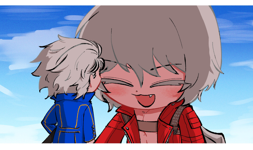2boys, abs, absurdres, blue_coat, blush, brothers, chest_strap, closed_eyes