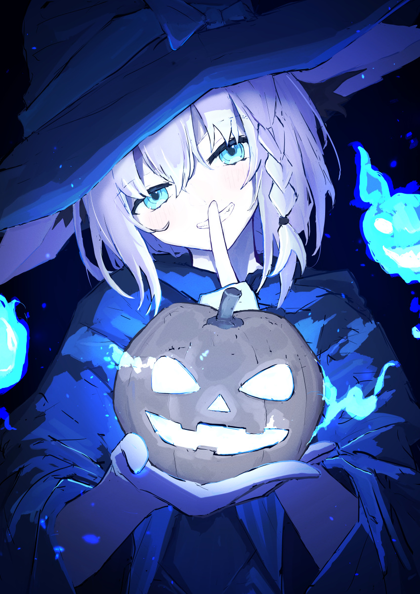 1girl, absurdres, black_cloak, blue_eyes, blue_theme, bow, braid, cloak, commentary_request, finger_to_mouth, hair_between_eyes, halloween, hand_up, hat, hat_bow, head_tilt, highres, holding, holding_pumpkin, hololive, index_finger_raised, looking_at_viewer, medium_hair, parted_lips, pumpkin, sabamiso113, shirakami_fubuki, shushing, side_braid, smile, solo, upper_body, virtual_youtuber, white_hair, witch_hat