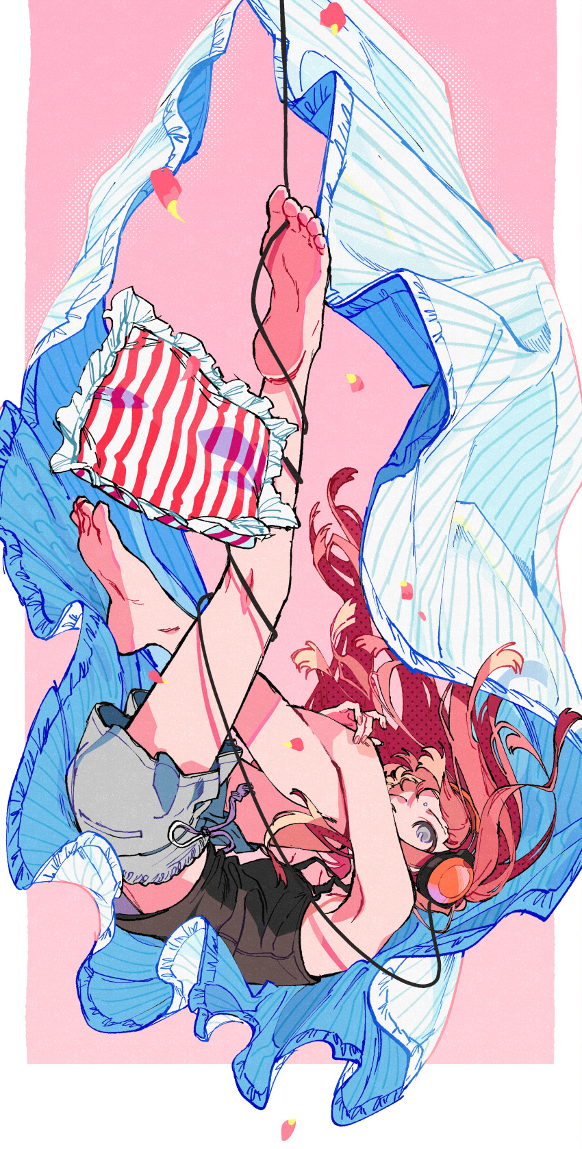 1girl, absurdres, barefoot, between_toes, black_shirt, blanket, cable, frilled_pillow