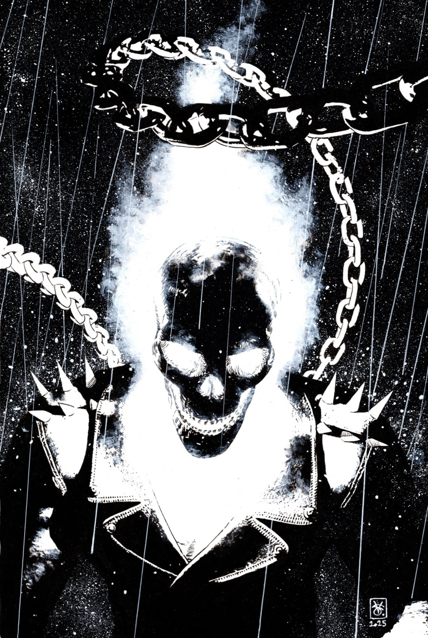 1boy, acrylic_paint_(medium), chain, commentary, dark, english_commentary, fire, flaming_head
