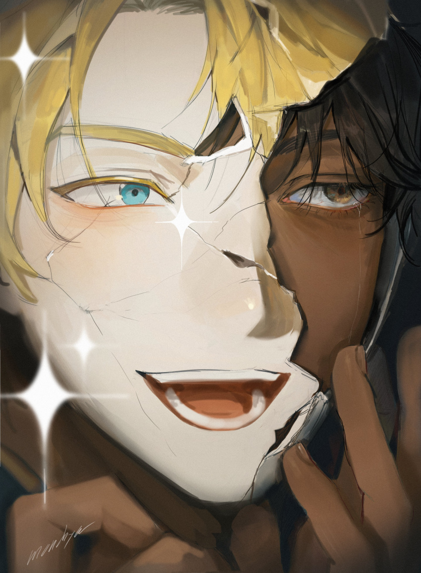 1boy, absurdres, alberu_crossman, black_hair, blonde_hair, blue_eyes, broken_glass, brown_eyes, brown_hair, close-up, crack, cracked_skin, crying, crying_with_eyes_open, dark-skinned_male, dark_skin, fingernails, glass, hands_on_own_face, hands_up, highres, jamchya, light_blush, lout_of_count's_family, male_focus, mask, mask_pull, mouth_mask, multiple_boys, open_mouth, portrait, reflection, scar, shards, short_hair, signature, smile, sparkle, split_theme, streaming_tears, tears, teeth