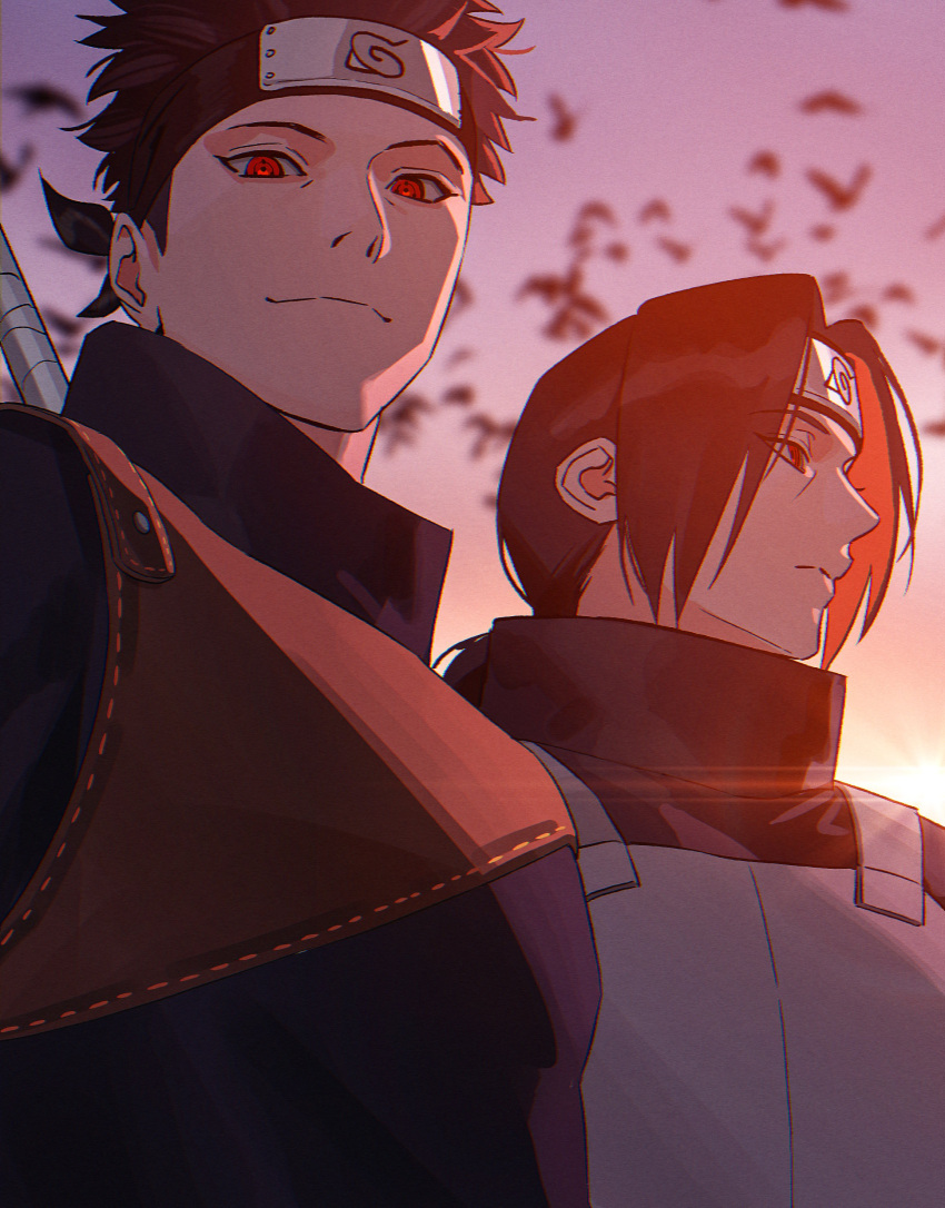 2boys, absurdres, bird, black_hair, closed_mouth, commentary_request, crow, forehead_protector