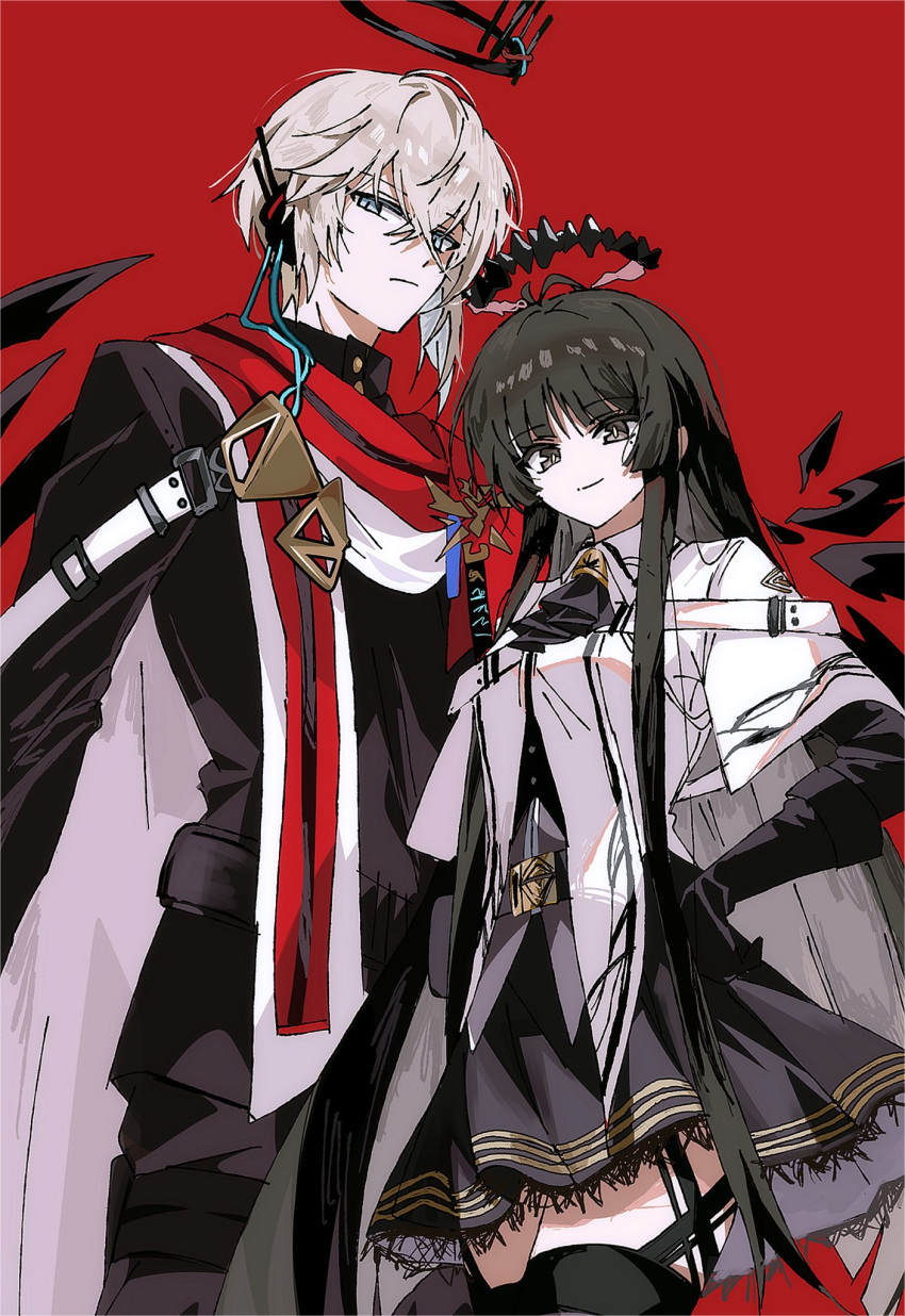 1boy, 1girl, arknights, ascot, black_ascot, black_eyes, black_hair, black_halo